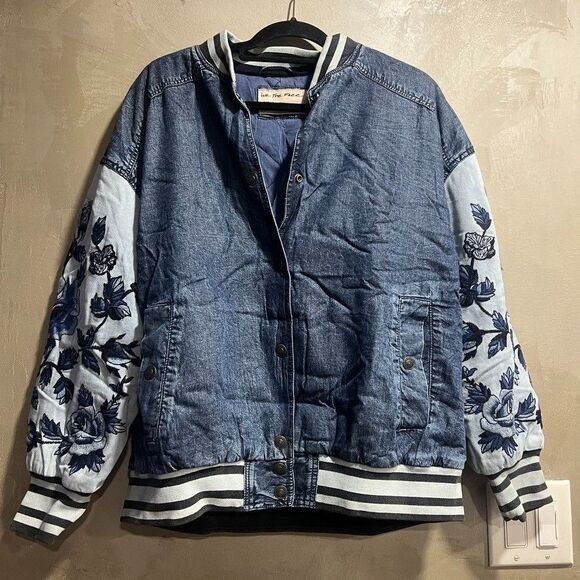 Free People Team Spirit Jacket Floral Roses Embroidered Sleeves Striped XS NEW - Picture 6 of 9